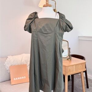 Anthropologie Olive Green Puff Sleeve Mini Dress